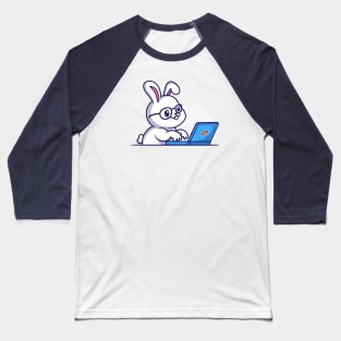 Cute Rabbit Working On Laptop Cartoon Baseball T-Shirt